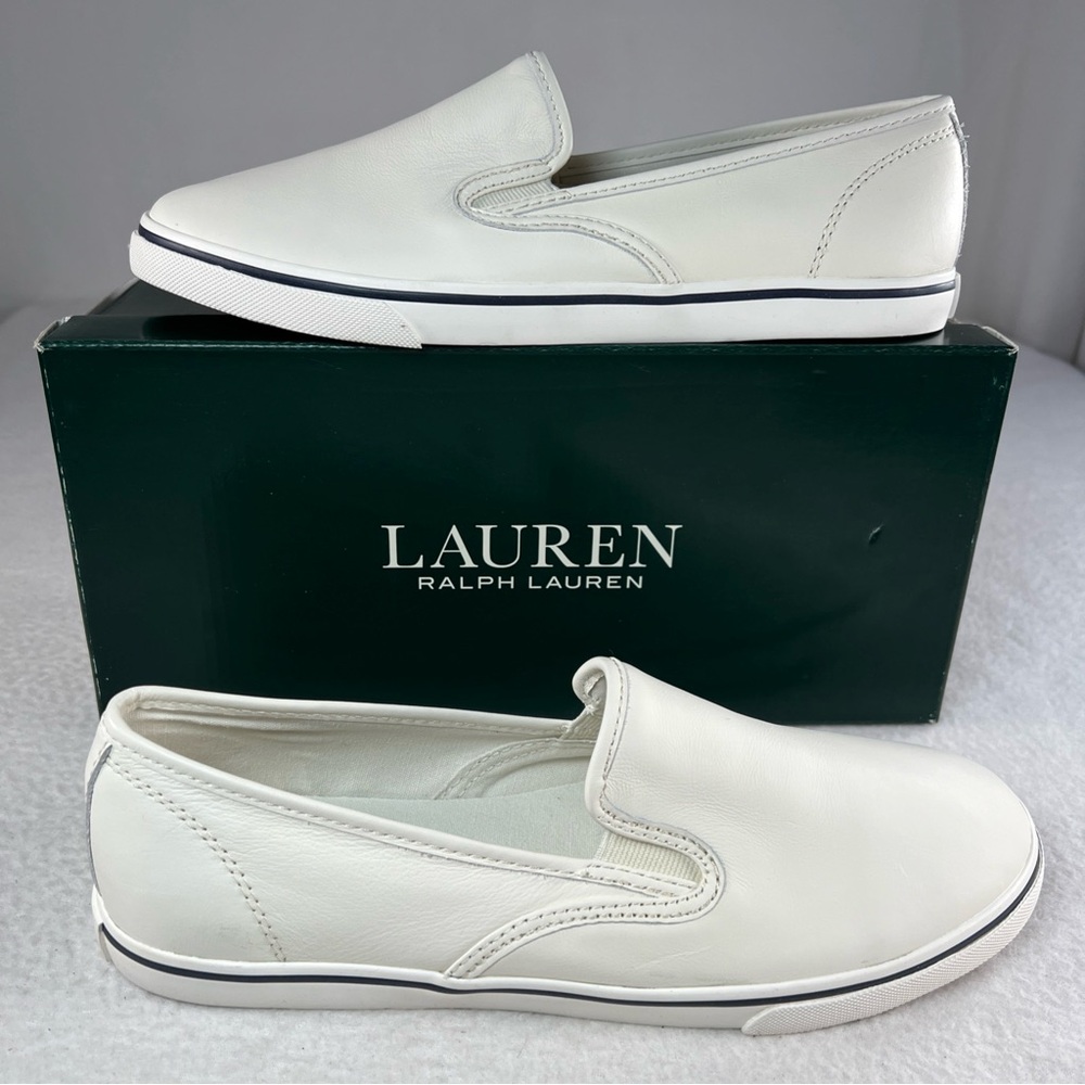 Lauren Ralph Lauren Janis SK-VLC Womens Shoes Slip-on White Flats Leather SZ-9B